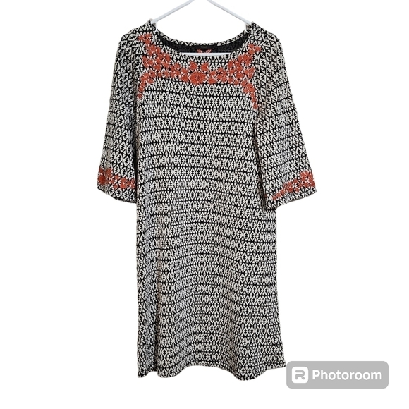 Anthropologie THML Shift Dress Aztec Embroidered Houndstooth 3/4 Sleeve sz  M - Picture 1 of 8
